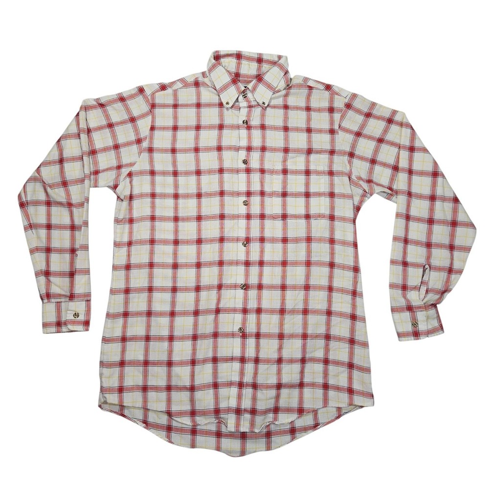 Vintage Par Four Plaid Long Sleeve Button Down Shirt Large L Tall Red Yellow 90s